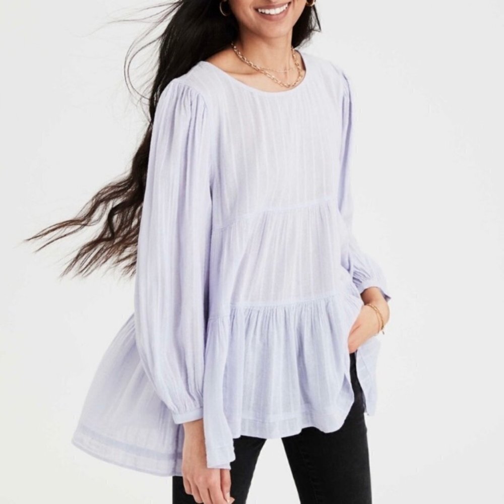 NWT American Eagle Babydoll tiered open Back Boho Bohemian lilac top Size XS - Picture 2 of 10